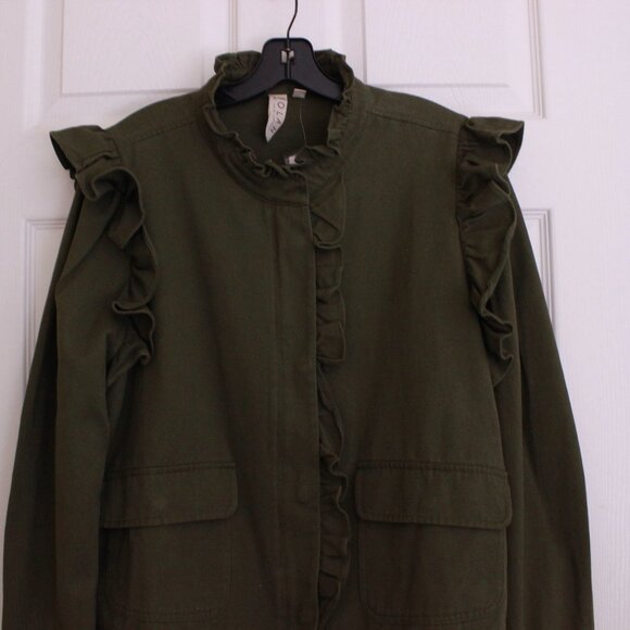 Anthropologie Dolan Olive Green Ruffle Utility Jacket Cotton - Picture 7 of 13